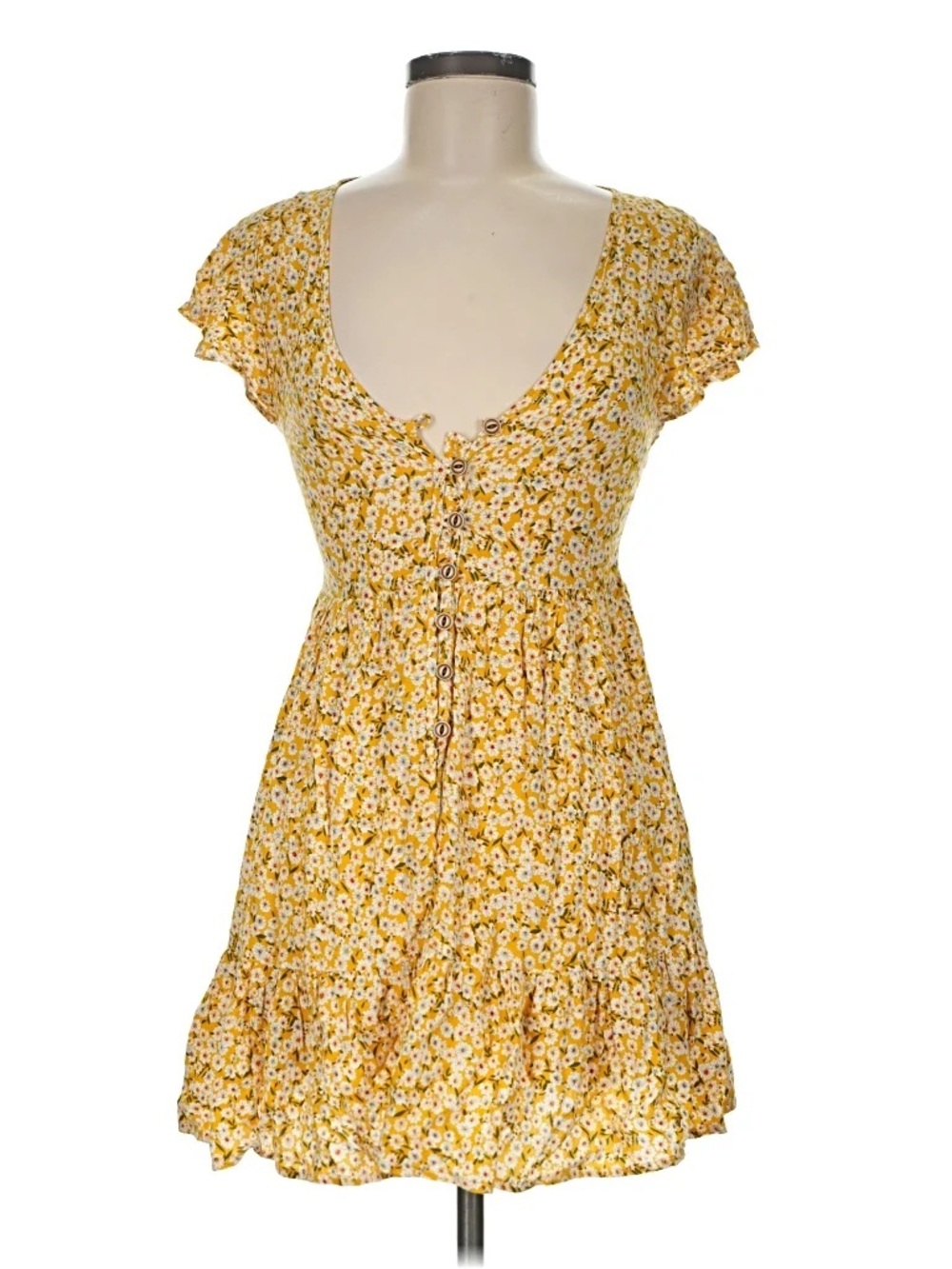 Yellow Floral Button-Front Mini Sun Dress